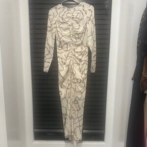 Veronica Beard Cream and Brown Chain Print Long Sleeve Dress